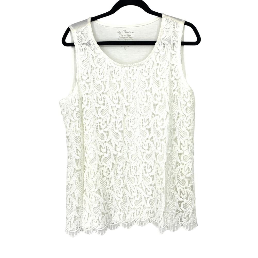 Chico's Top Womens Sz 2 US L White Floral Lace Overlay Knit Back Scalloped Hem